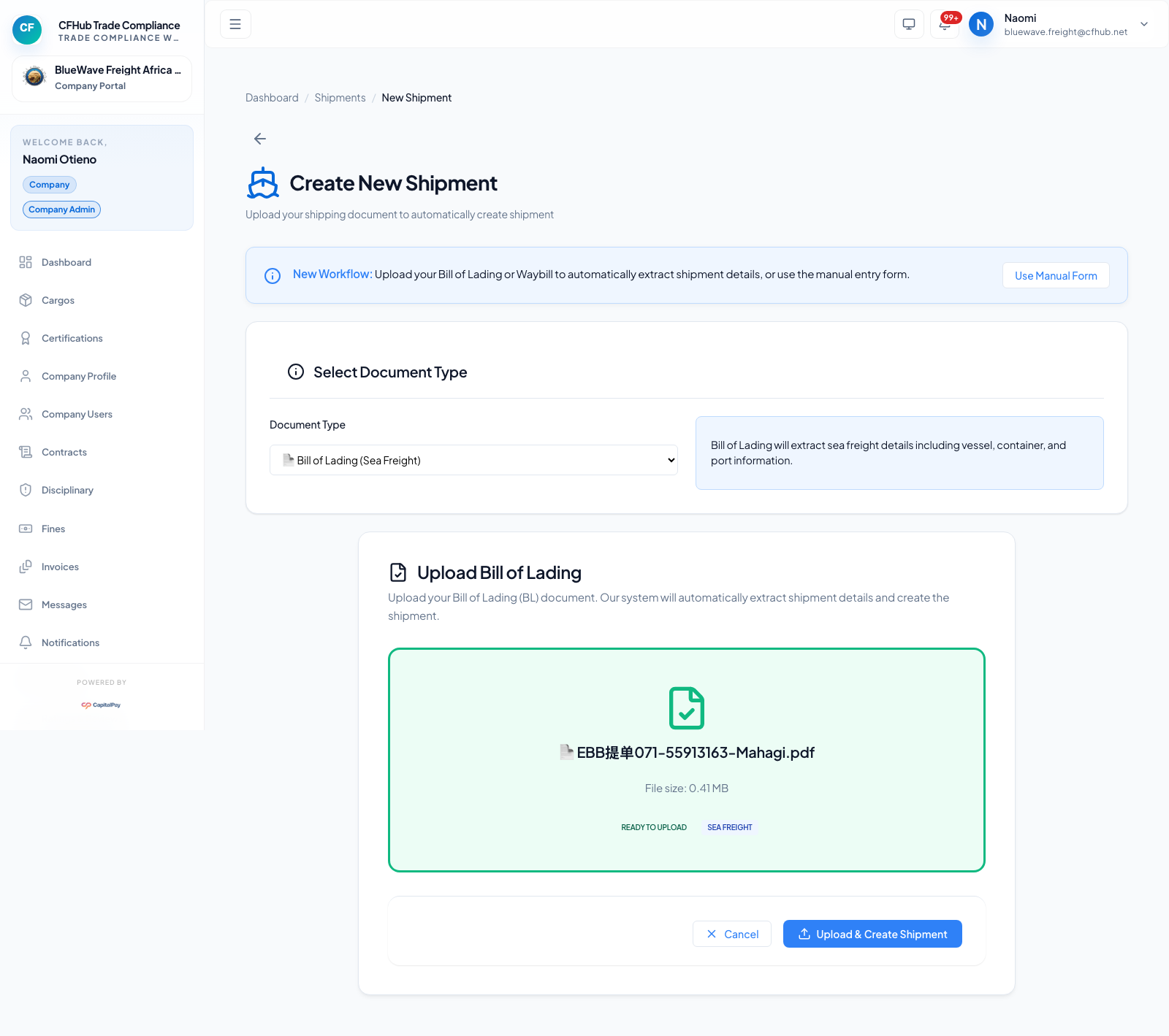Shipment upload selected