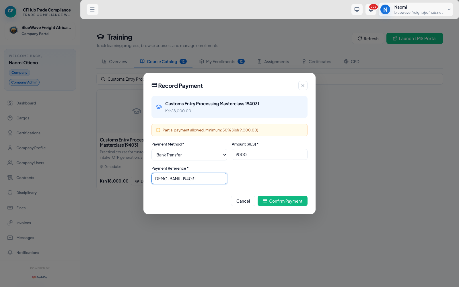 Training payment modal